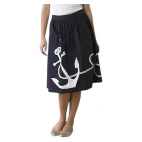 J. Crew Nautical The Cotton Anchor Skirt Navy Blue Midi A-Line Skirt Size 6 - Picture 1 of 8